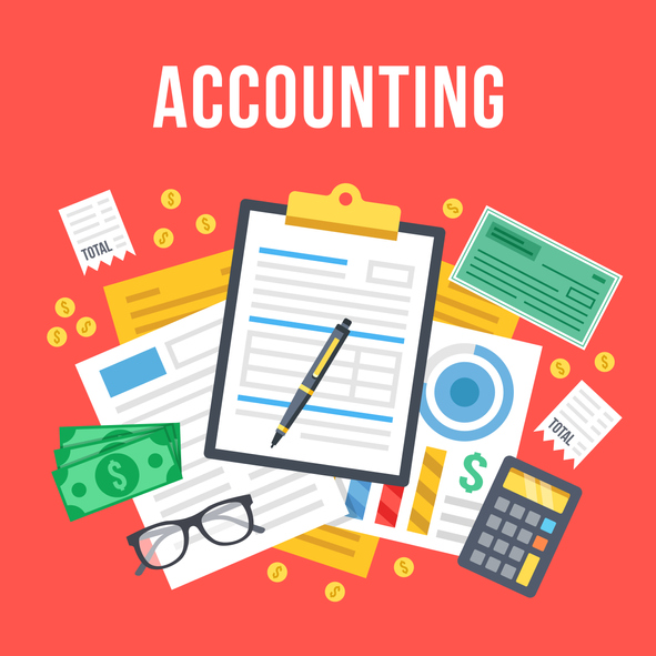 Accounting, bookkeeping, check financial statements, corporate paperwork concept. Top view. Modern flat design graphic for websites, web banners, etc. Red background. Creative vector illustration