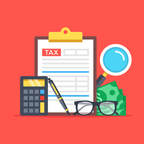 Tax accounting, expenses, budget calculation. Clipboard, tax form, calculator, pen, money, glasses, magnifier. Flat design graphic elements, flat icons set. Premium quality. Modern concepts. Vector illustration