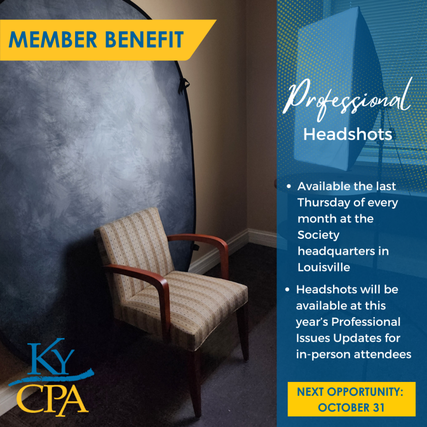 Graphic showing the headshot studio at KyCPA headquarters with a backdrop and chair