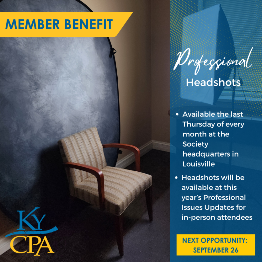 Photo of our headshot studio. Text explaining this service is available the third Thursday of every month and also at our Professional Issues Updates