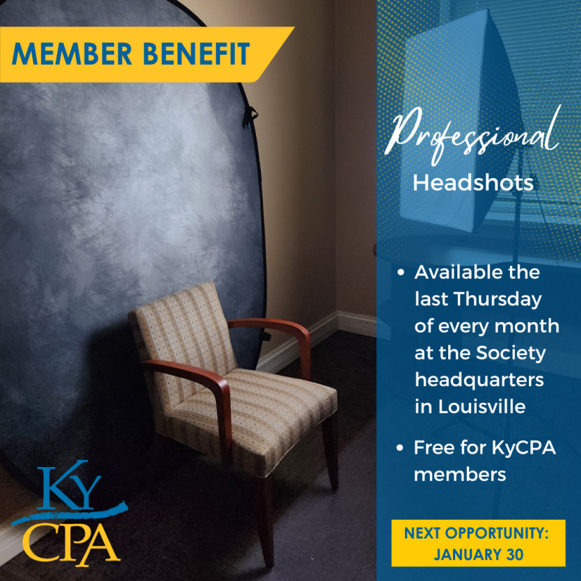 Graphic showing the small headshot studio including a chair. Info saying the next headshot day is on January 30, 2025, free for KyCPA members. 